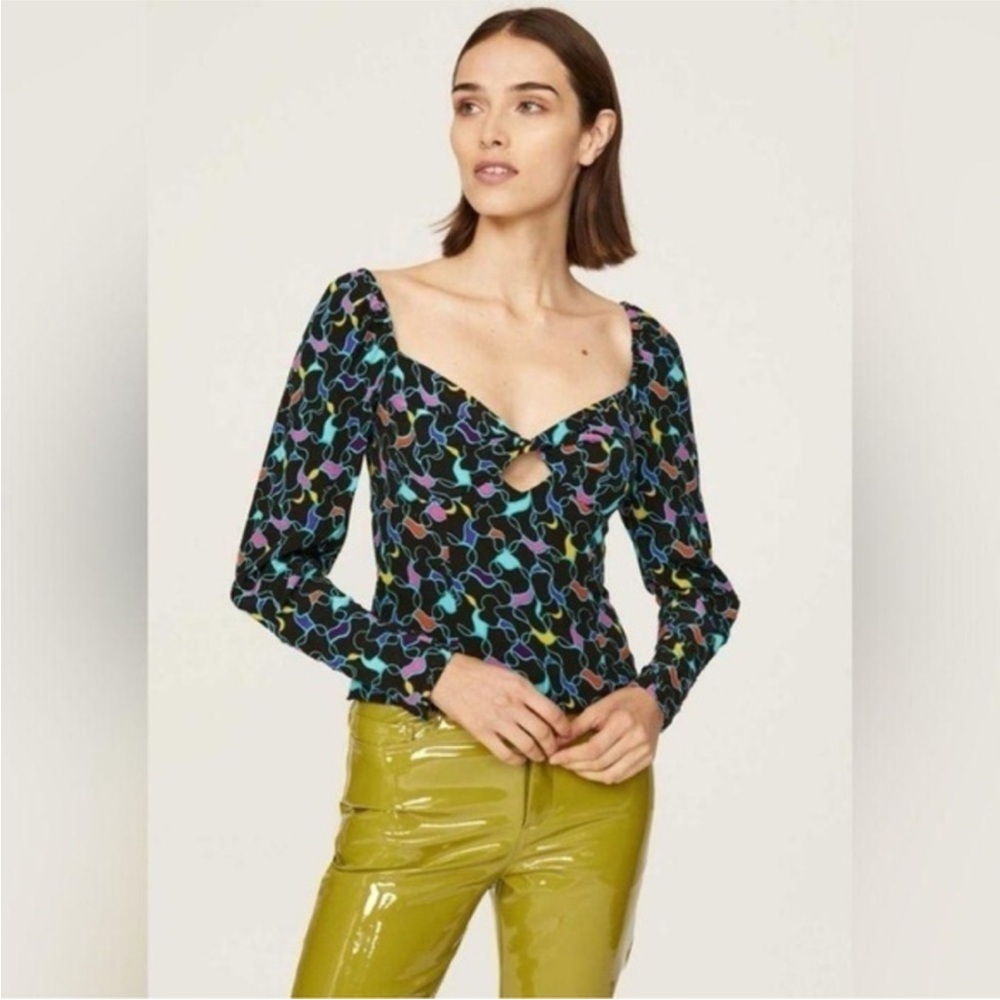 Staud Josephine Black Printed Multicolor Crepe Long Sleeve Sweetheart Top size 2